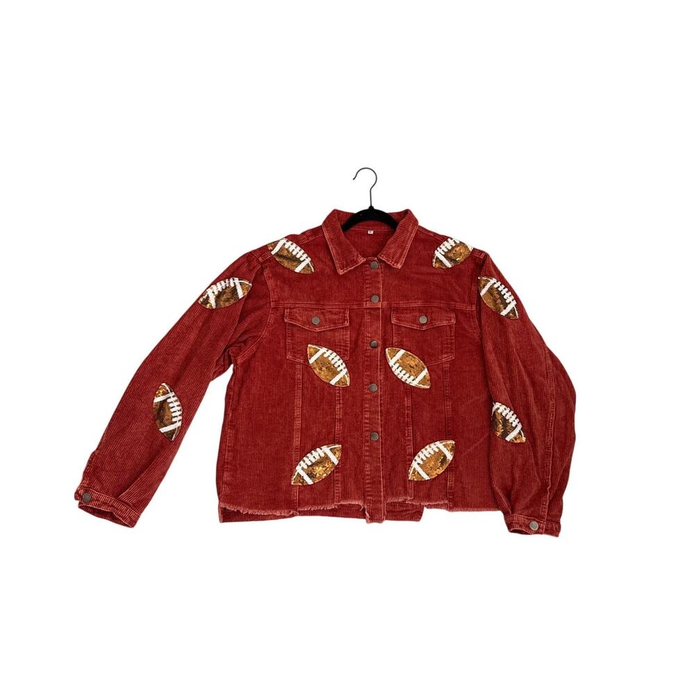 Game Day Football Oversized Cropped Corduroy Sequin Red Jacket Size XL